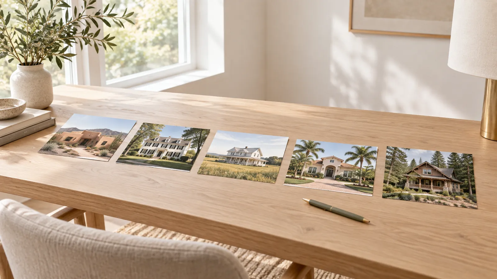 Printed photos of houses from different regions laid in a row on a desk