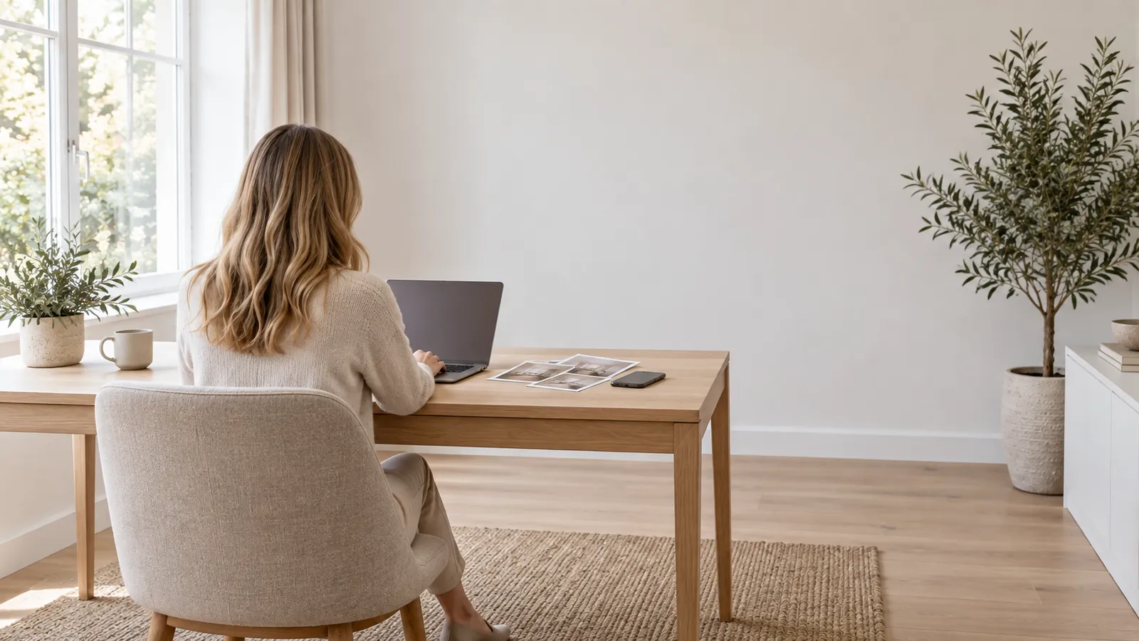 An agent at a desk by a window reviewing printed room photos
