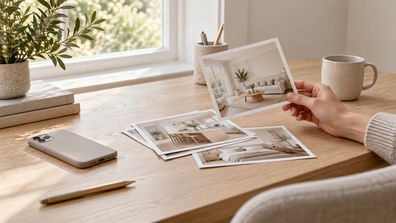 A hand holding up a printed interior photo over a desk