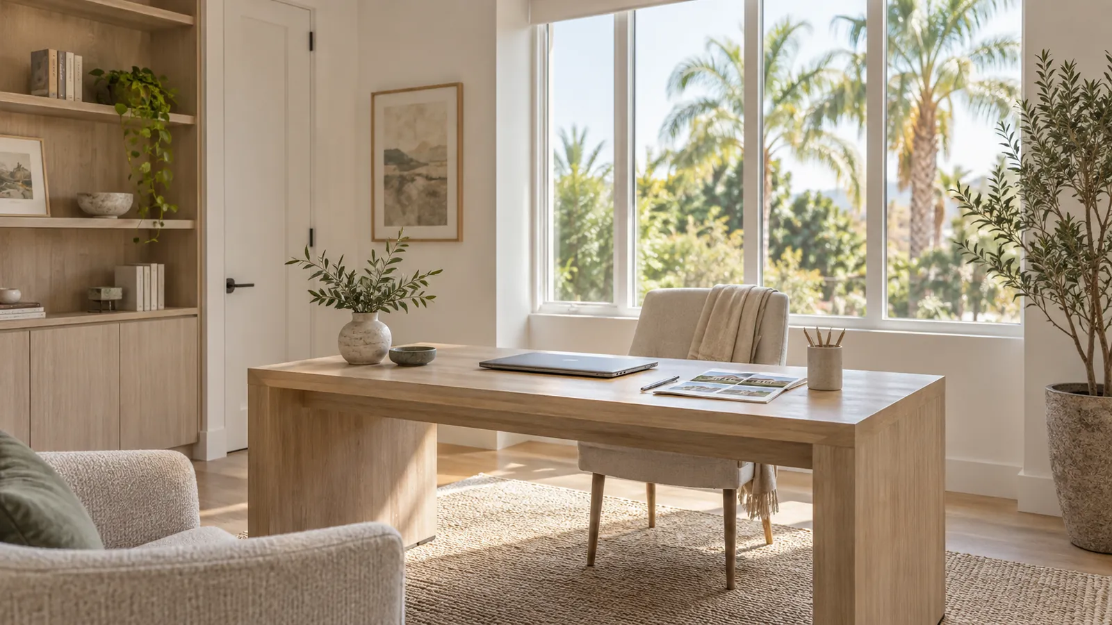 A bright home office desk with a folder of printed listing photos