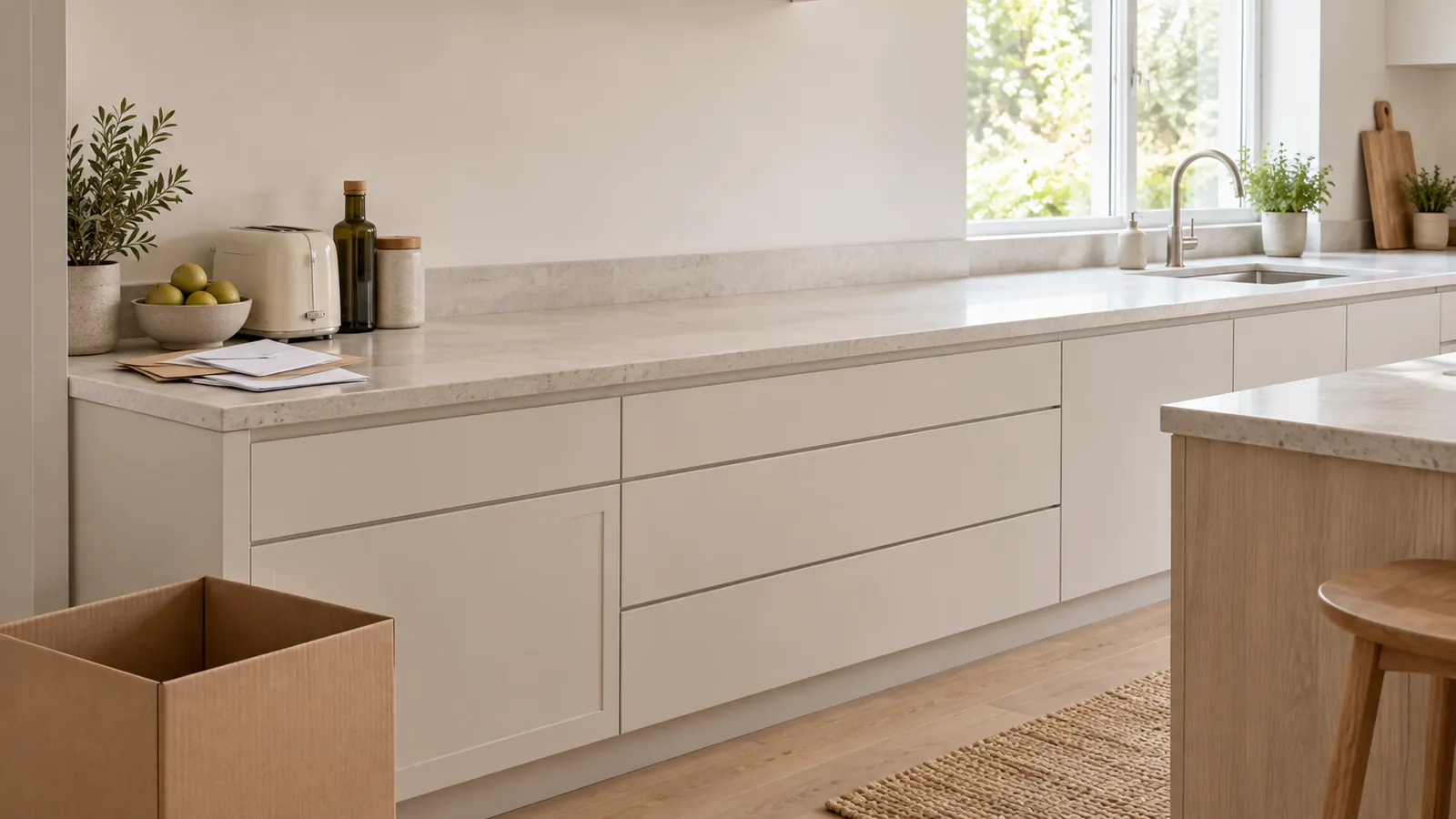 A kitchen counter half cleared, with clutter at one end and bare counter at the other