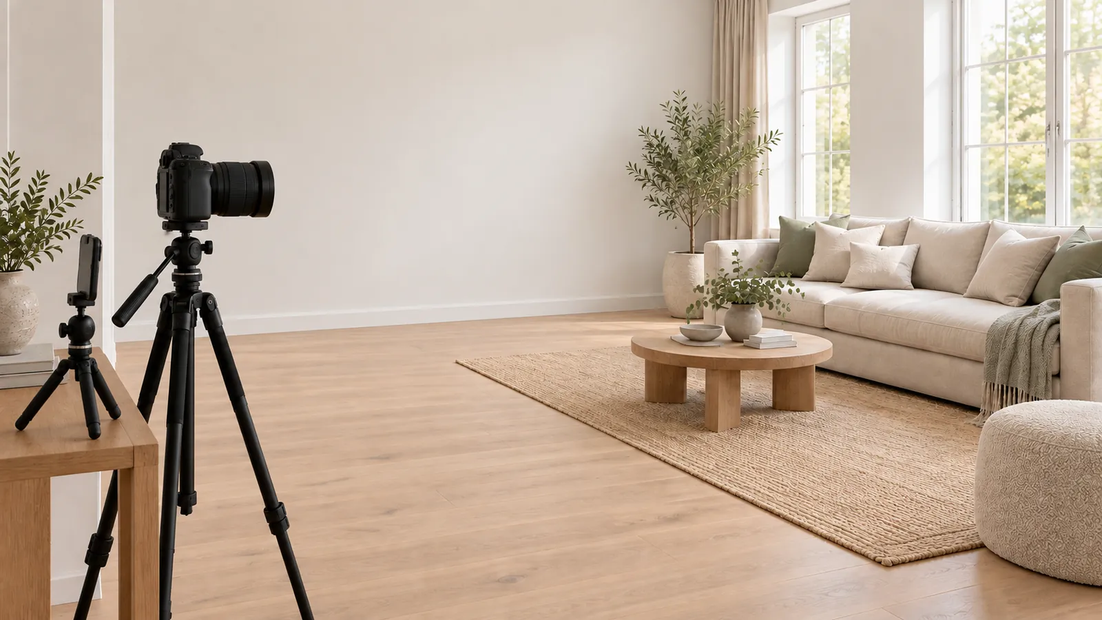 A camera on a tripod and a phone on a small tripod in a living room