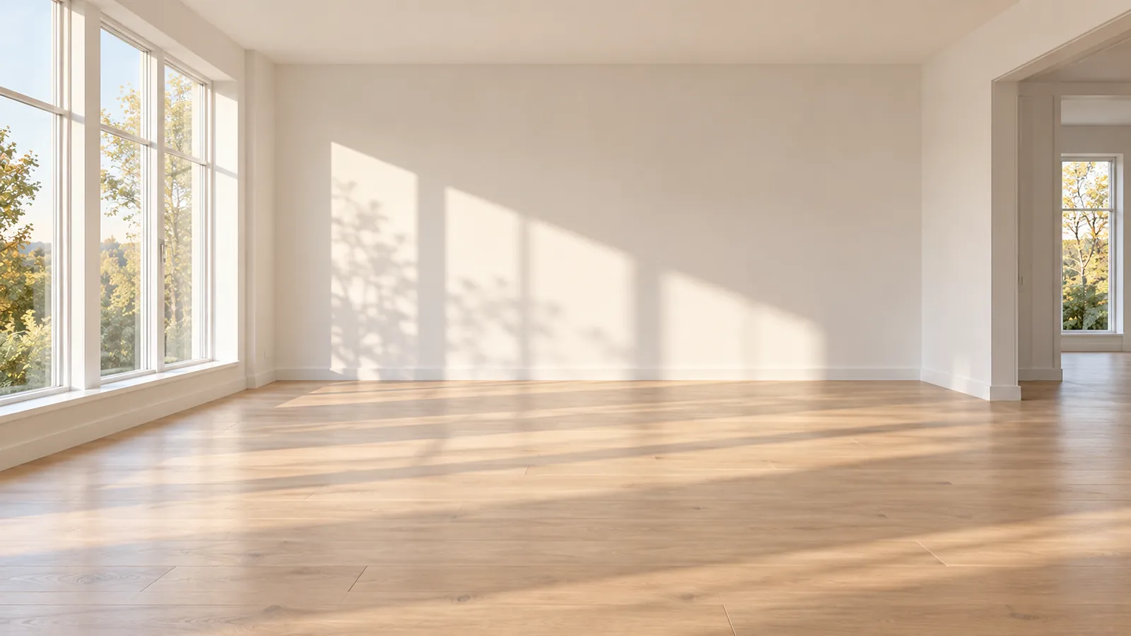 An empty living room with sunlight across a bare wood floor