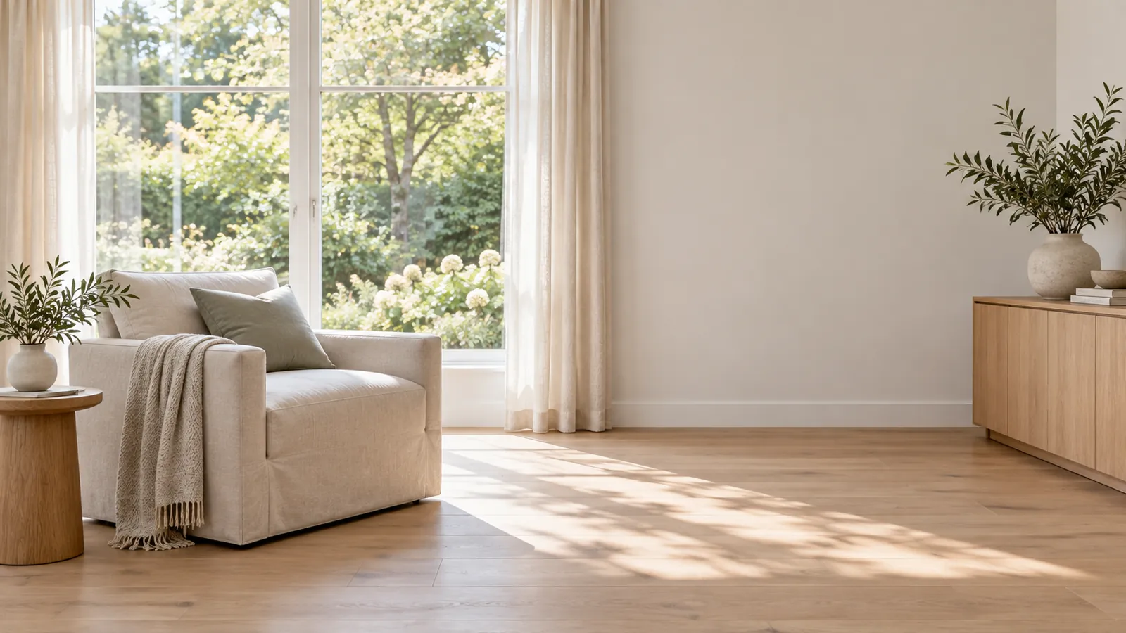 A living room lit by a large window, with the garden visible outside