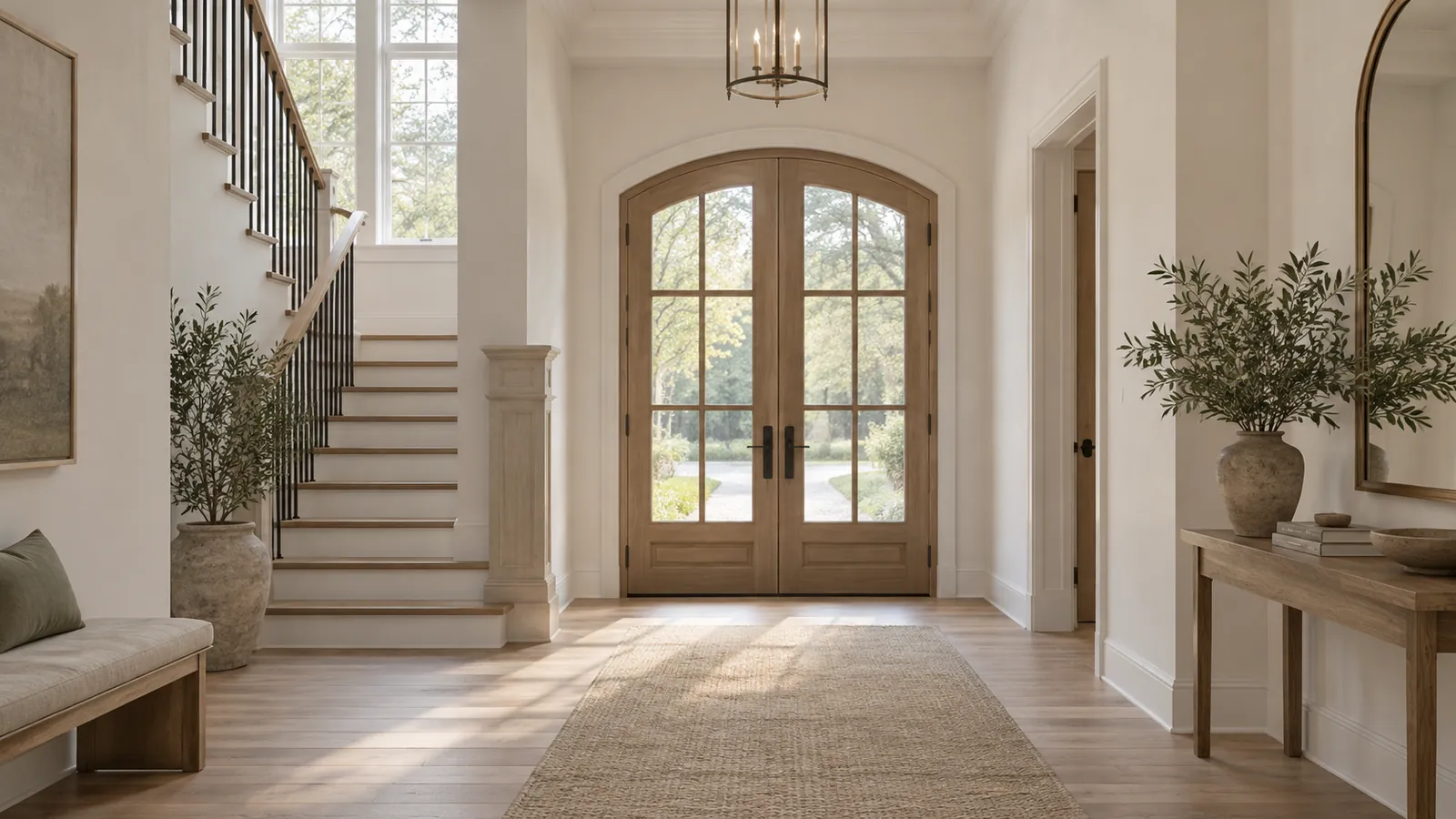 A tall entry hall with a staircase, shot level so the walls and door frames are straight