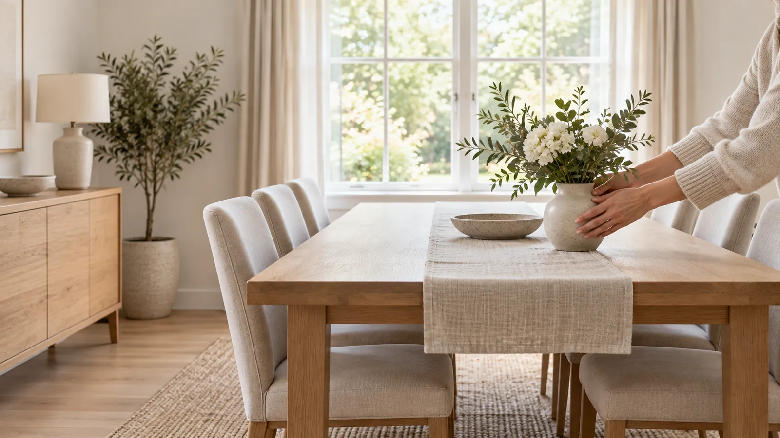 Hands placing a vase of flowers on a tidy dining table