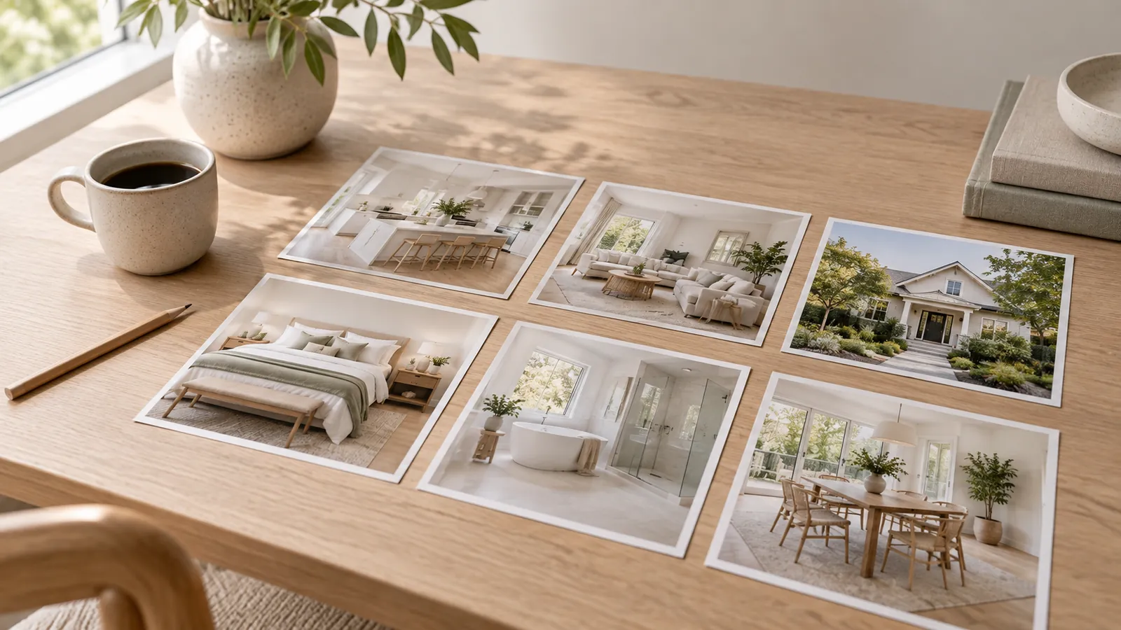 Printed photos of rooms laid out in rows on a wooden desk