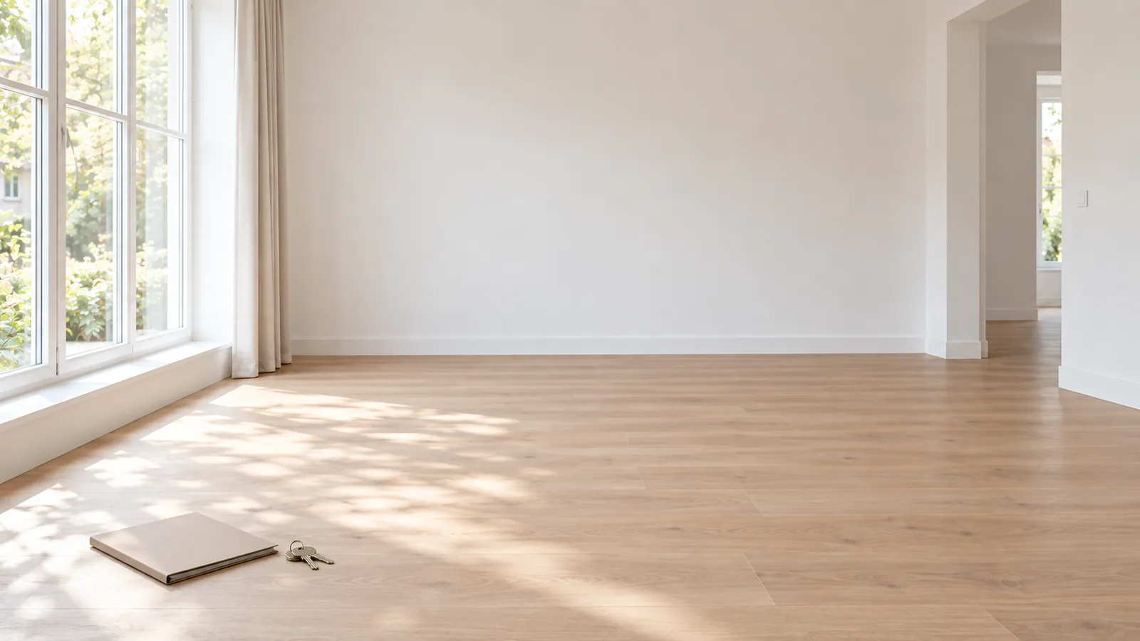 An empty living room with a folder and house keys on the floor by the window