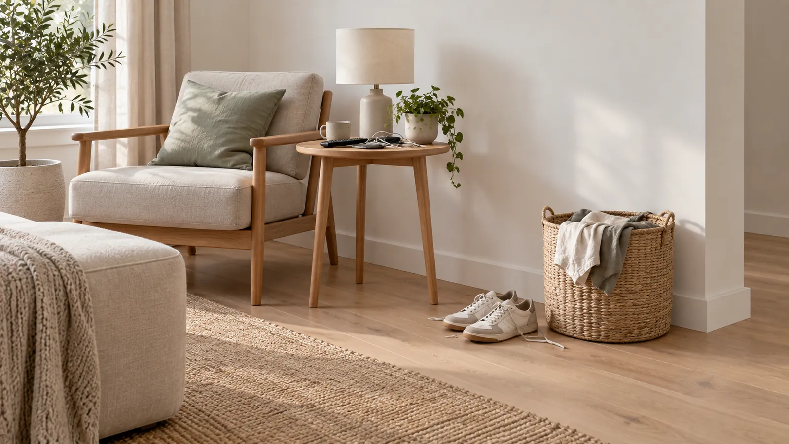 A living room corner with a laundry basket, shoes and cables still in the way