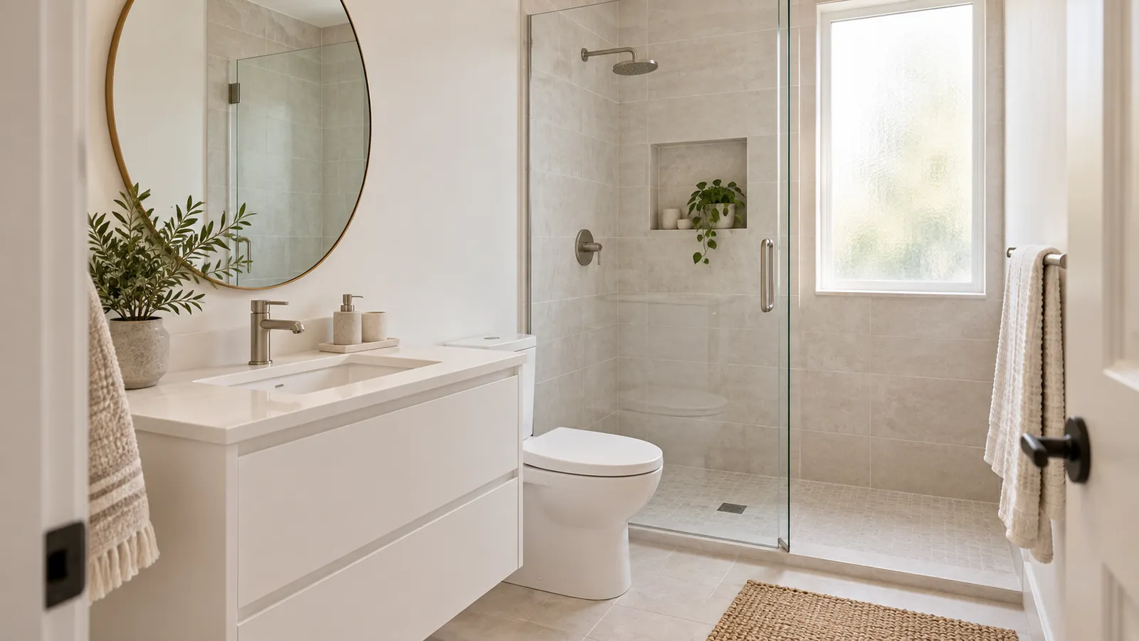 A small bright bathroom seen from the doorway, with a vanity, mirror and glass shower