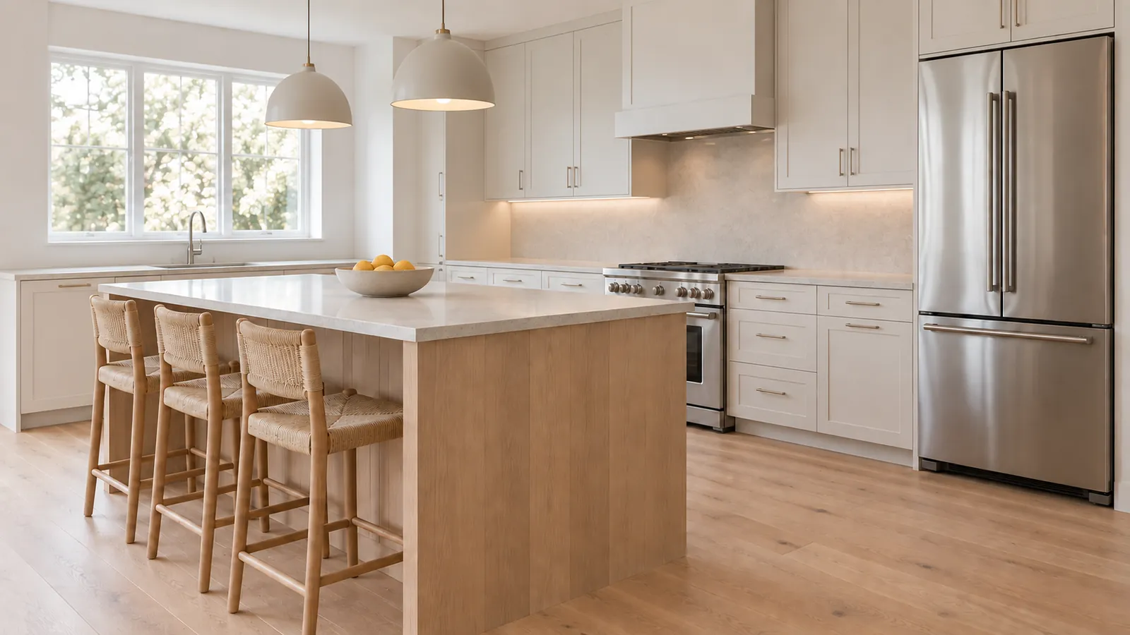 A bright kitchen with an island and clear countertops, shot from the corner