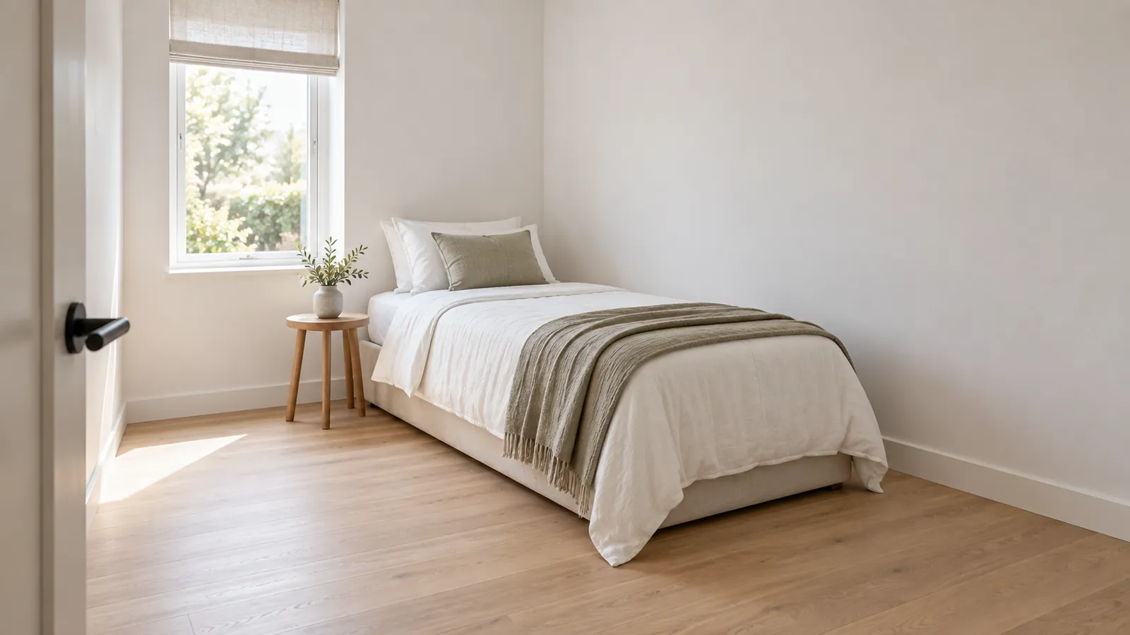 A small, sparsely furnished bedroom seen from the doorway