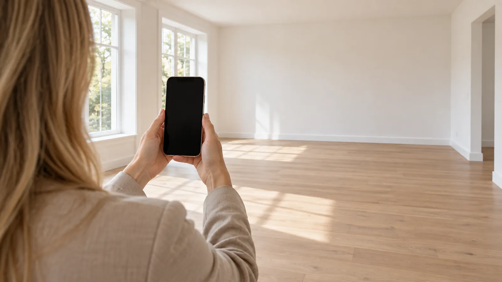 Hands holding a phone in a sunlit empty room