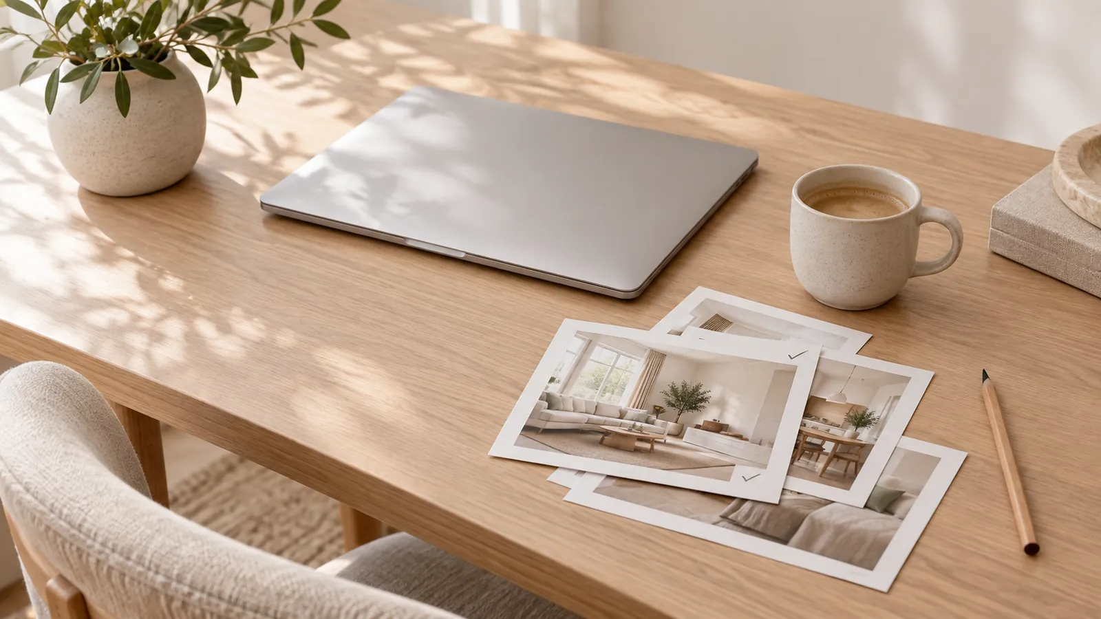 Printed interior photos and a pencil on a desk next to a closed laptop