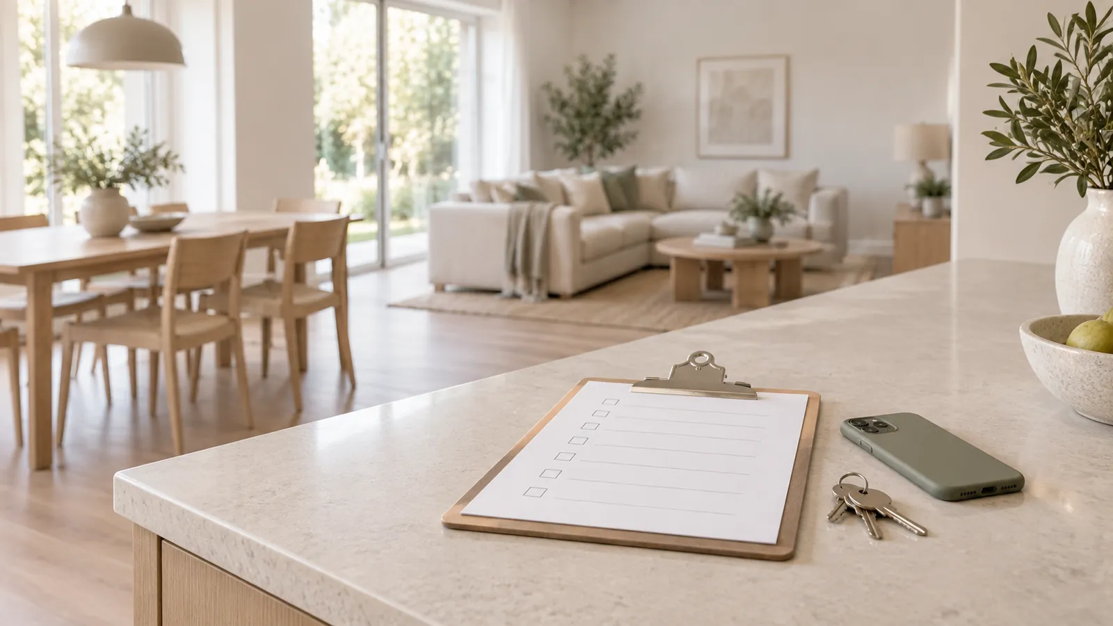 A clipboard checklist and house keys on a kitchen island