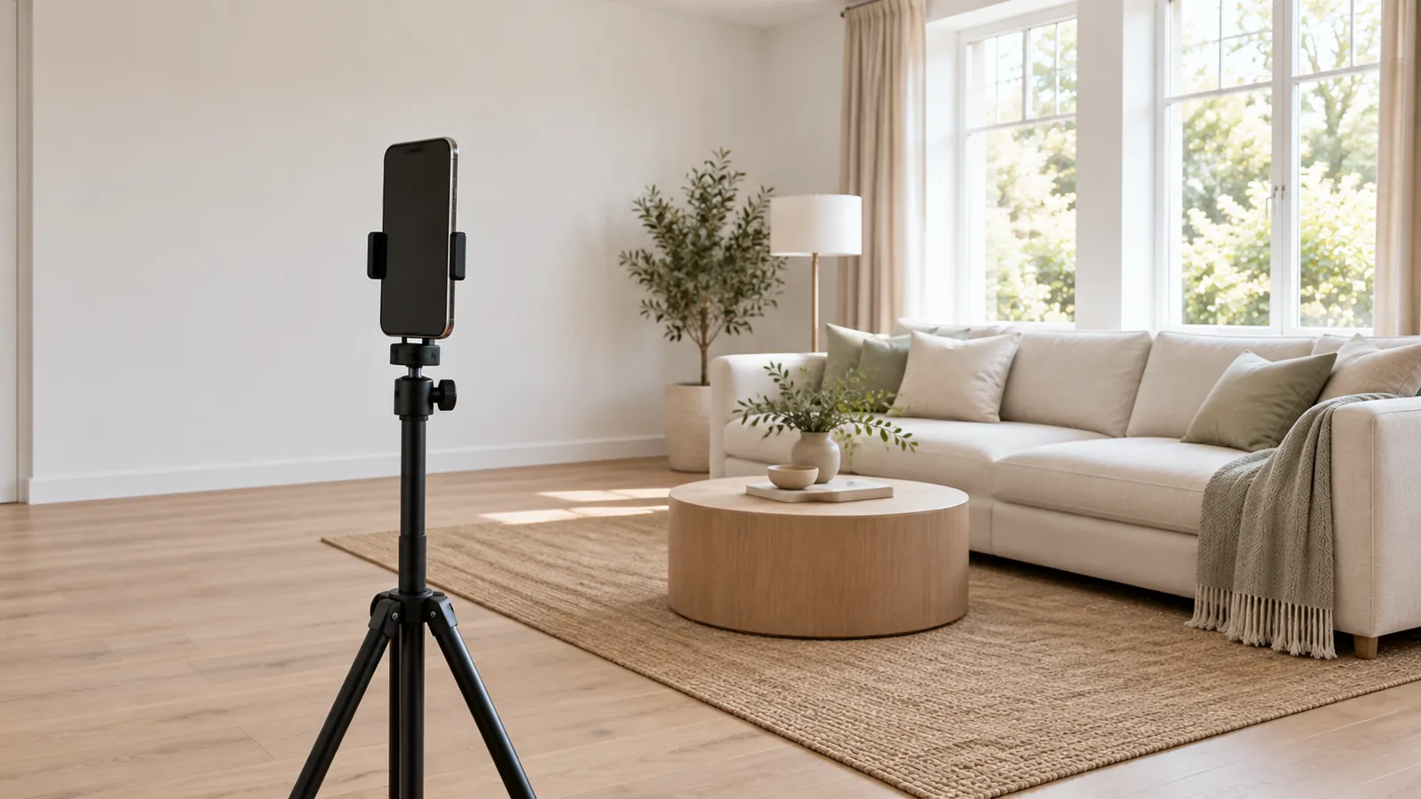 A phone on a tripod facing a bright living room with tall windows