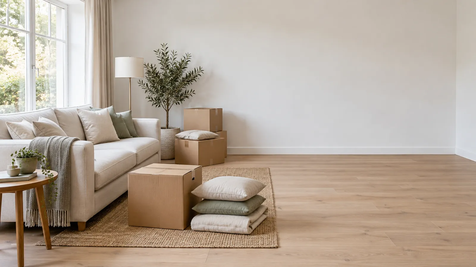 A living room half cleared of furniture, with boxes on one side and empty floor on the other