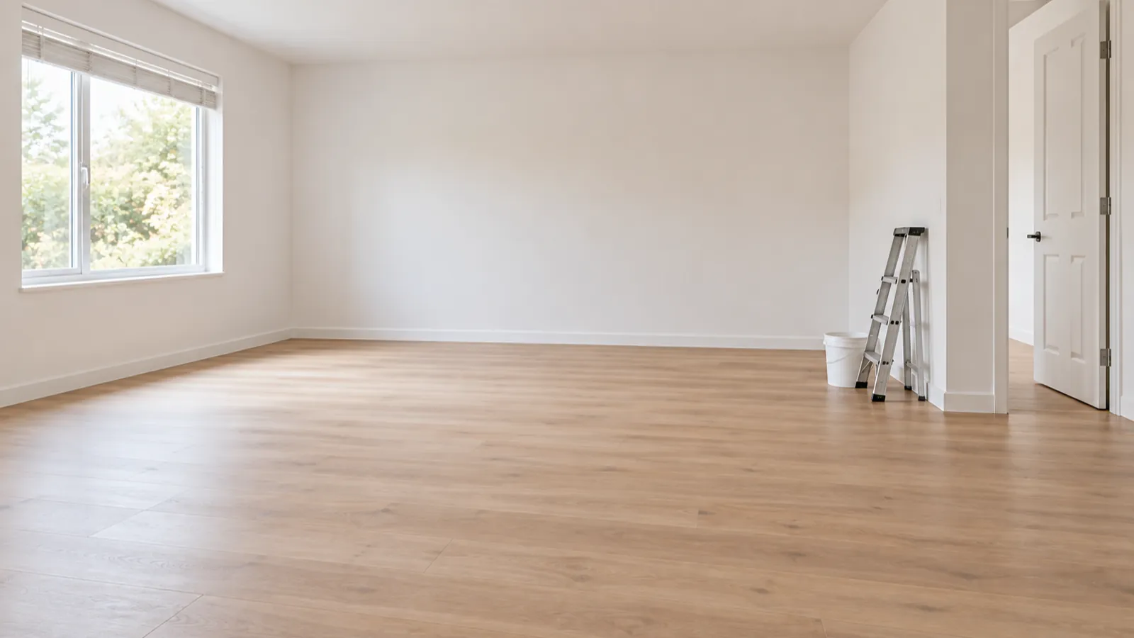 An empty, freshly cleaned apartment with a ladder and bucket by the door