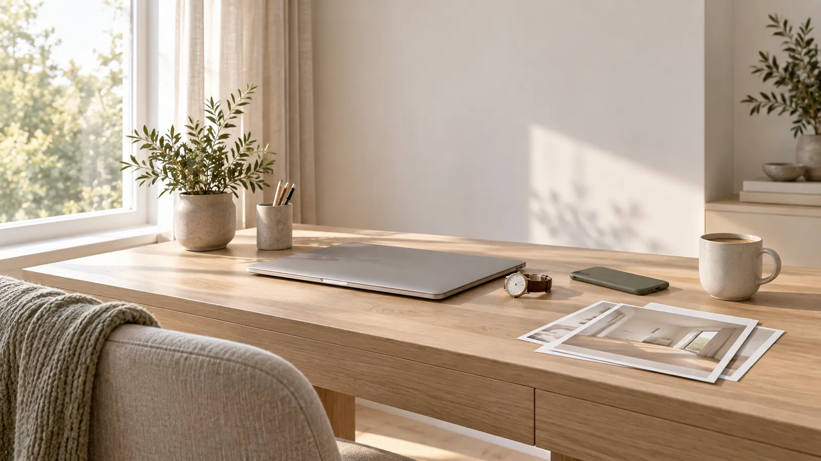 A watch, a closed laptop and printed photos of empty rooms on a desk