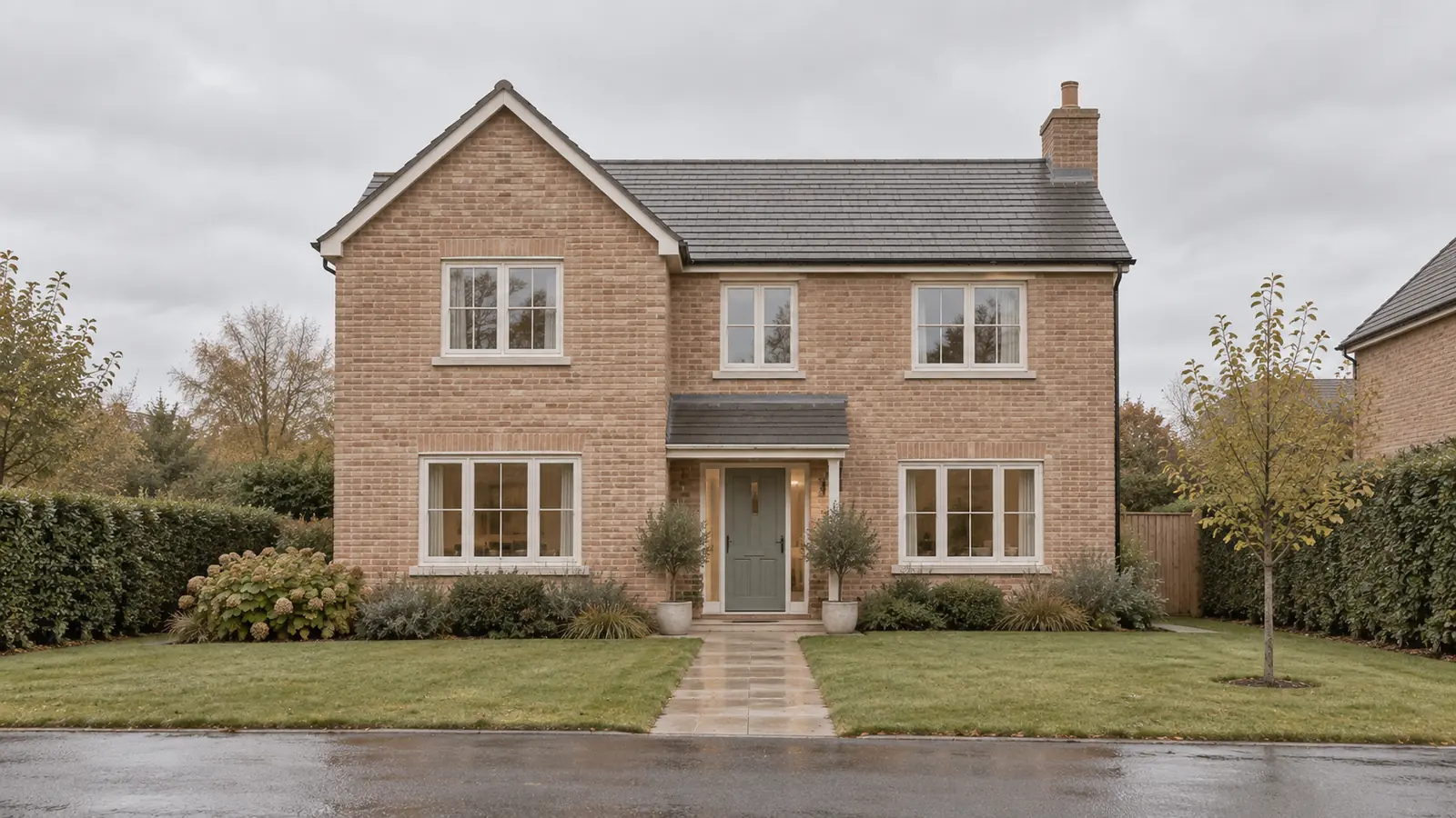 A two-storey brick house under a grey overcast sky