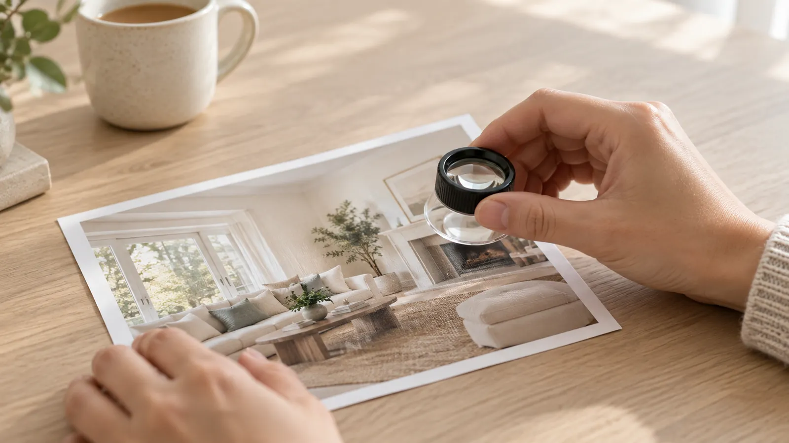 Hands holding a magnifier over a printed photo of a living room
