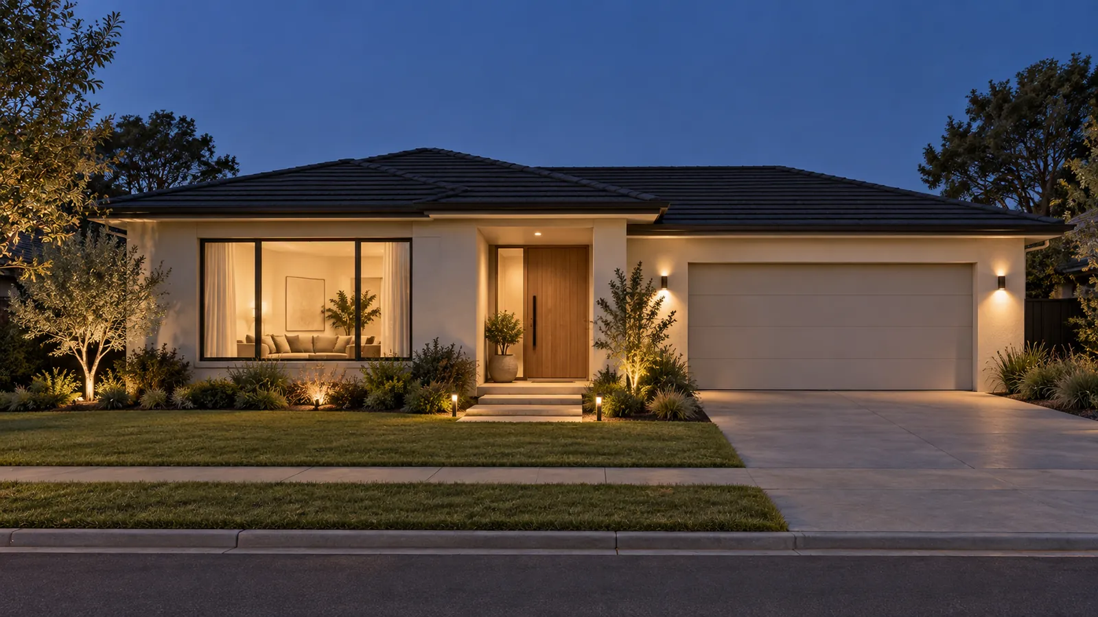 A single-storey house at dusk with warm lights glowing in the windows