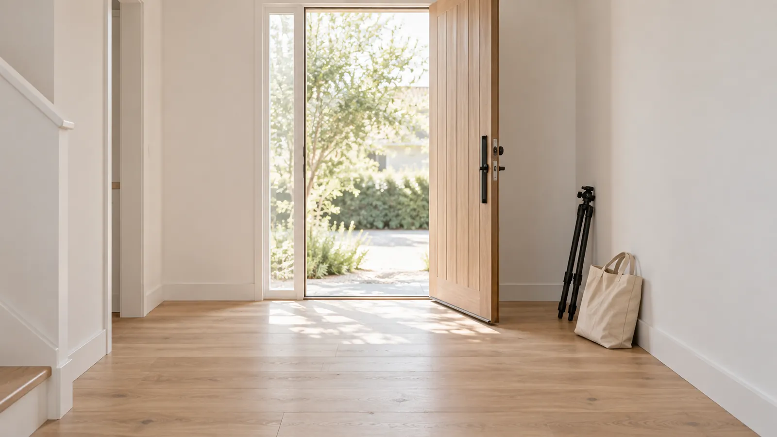 The entry of an empty house with a tripod and bag by the open front door