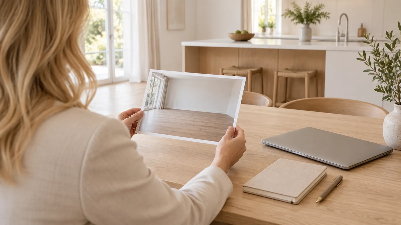 An agent at a table looking over printed photos of a room