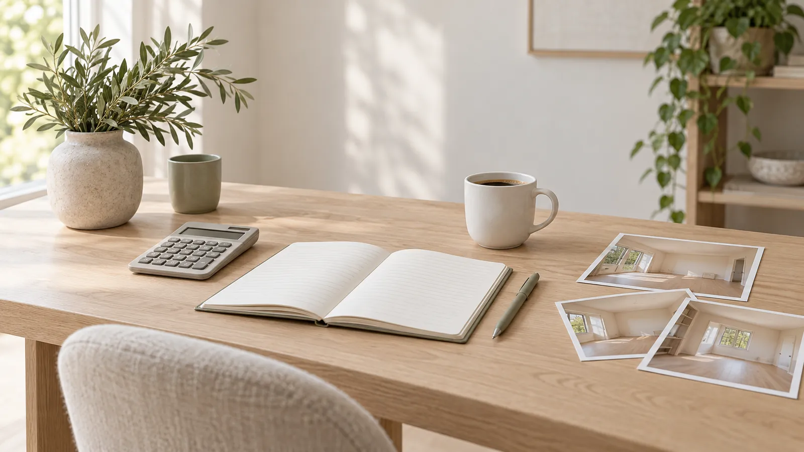 A calculator, notebook and printed room photos on a desk