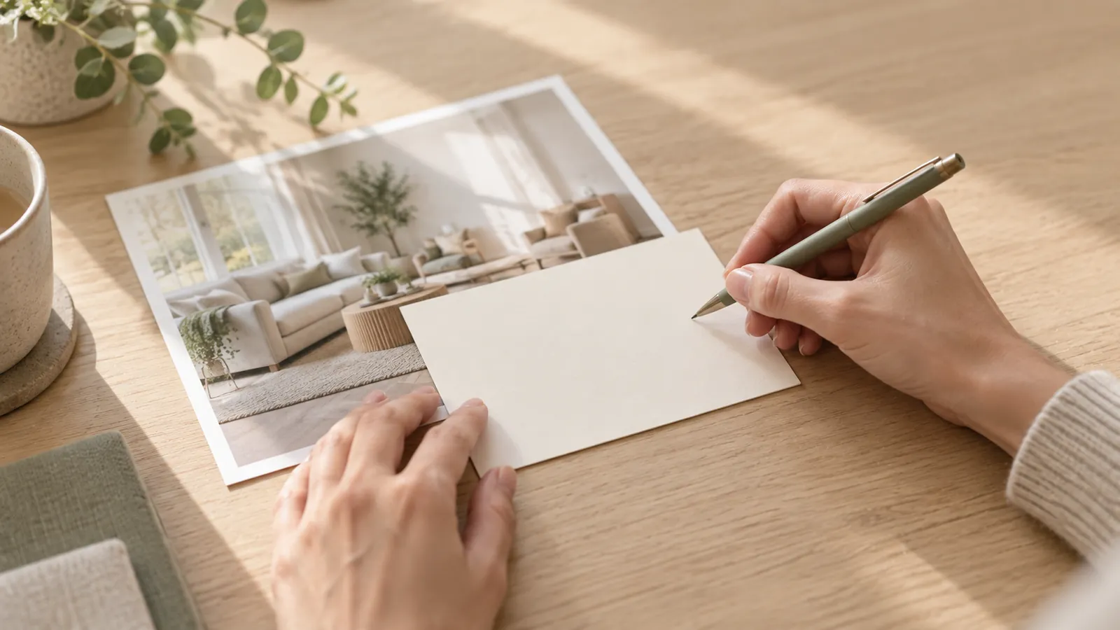 Hands writing a caption card on top of a printed room photo