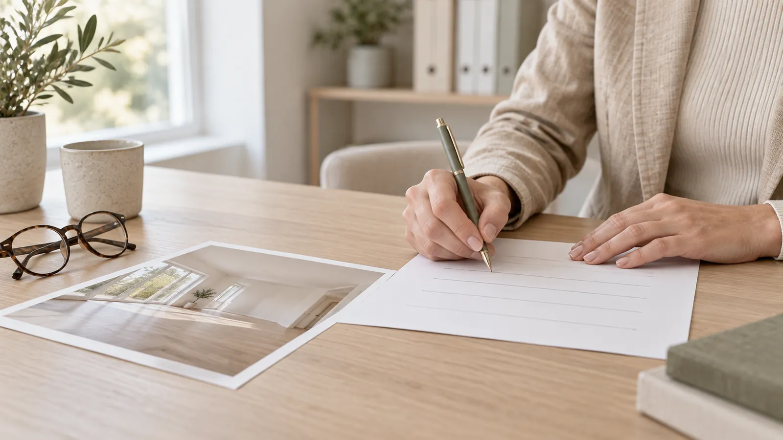 Hands signing a paper form next to a printed interior photo