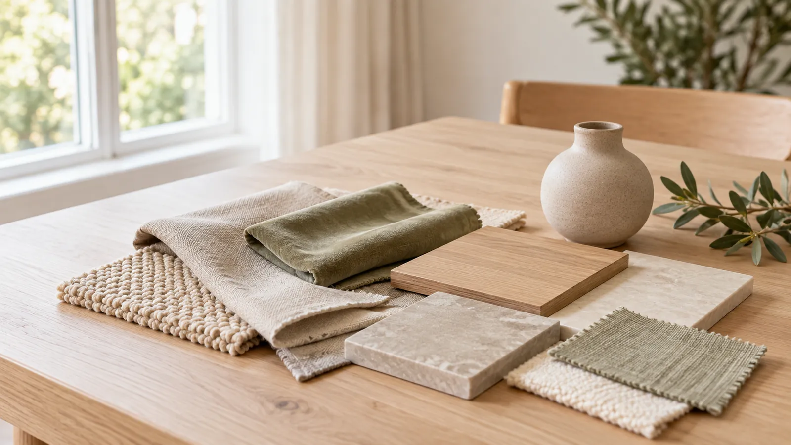 Fabric, wood and stone samples laid out on a table