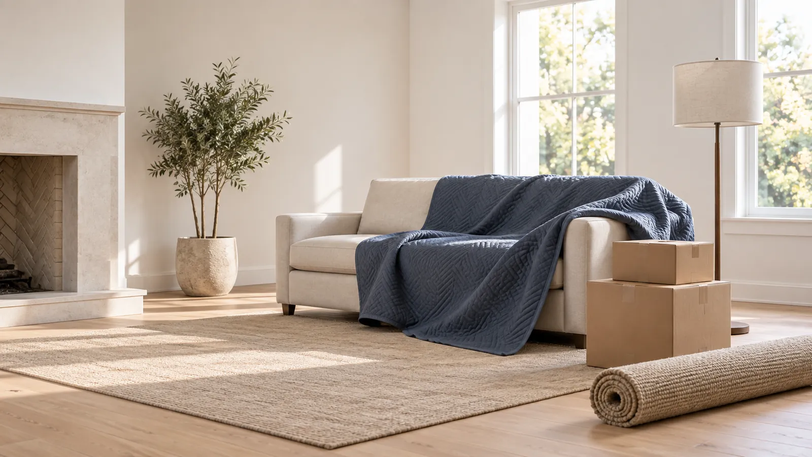 A living room mid-way through a furniture staging install