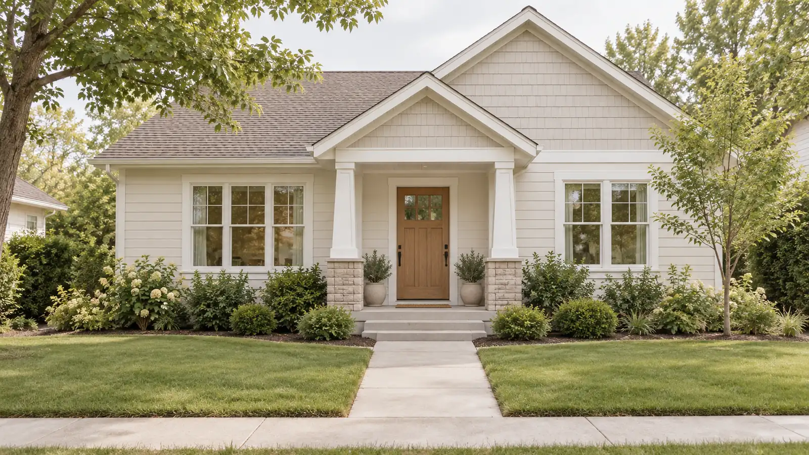 A well-kept house on a leafy street photographed straight on
