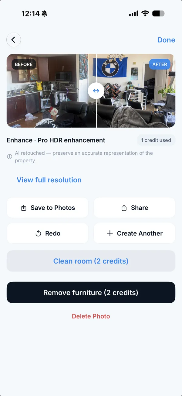 Real Estate Camera result screen showing the credit cost of Enhance, Clean room and Remove furniture