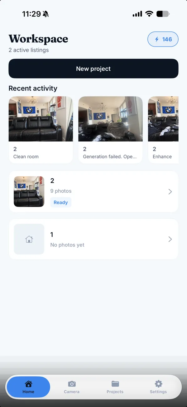 Real Estate Camera workspace with listing projects and recent edits