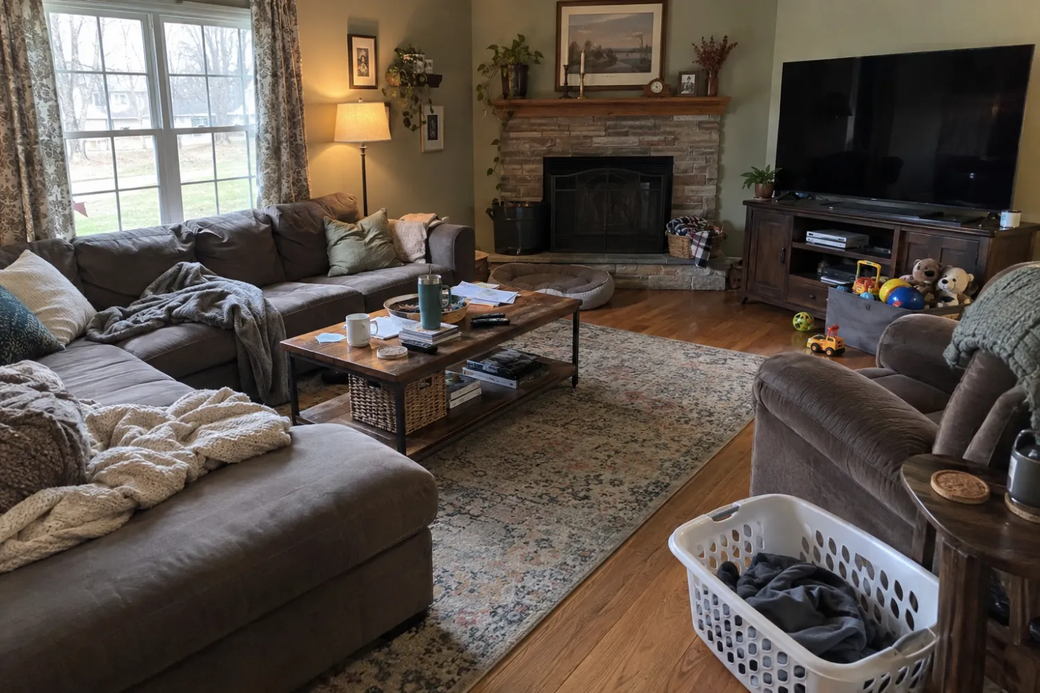 Lived-in living room with a grey sectional, a recliner, a patterned rug, a coffee table covered in mugs and mail, toys and a laundry basket