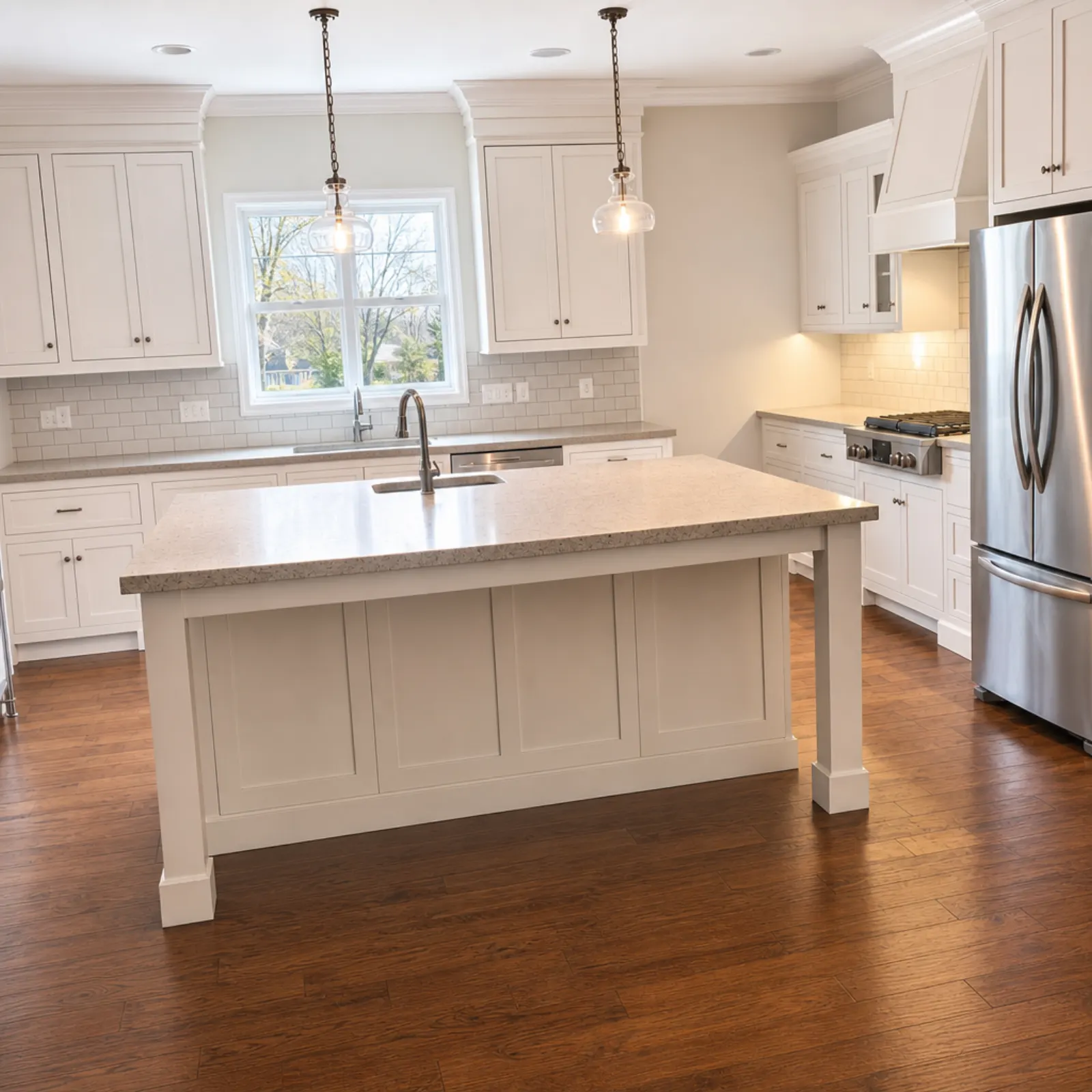 The same kitchen after Enhance, with white cabinets reading white, a brighter island and floor, the yard visible through the window and the fridge edge standing upright