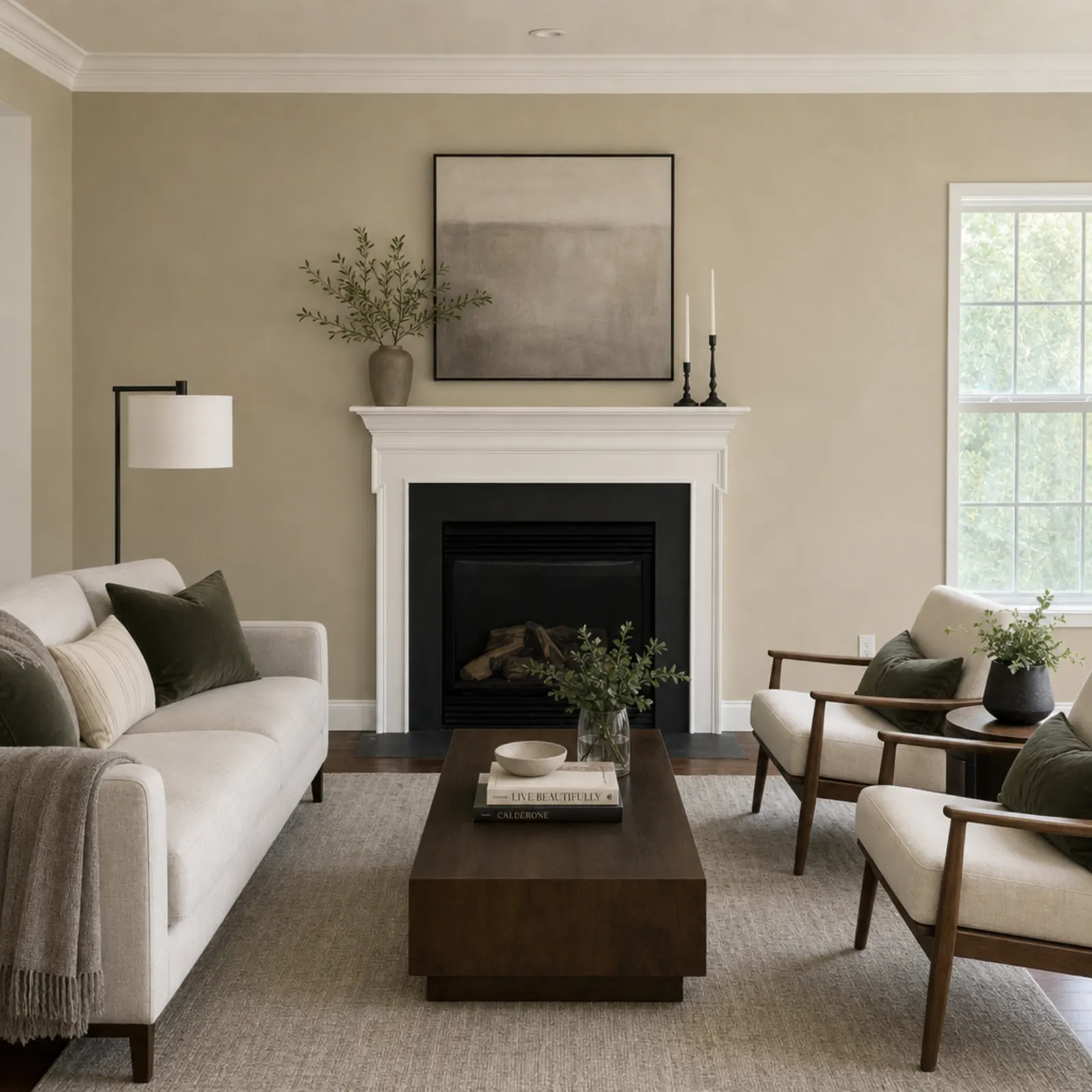 The same living room virtually staged with a white sofa, two armchairs, a dark coffee table and art over the fireplace, with the window sitting noticeably higher on the wall than in the original