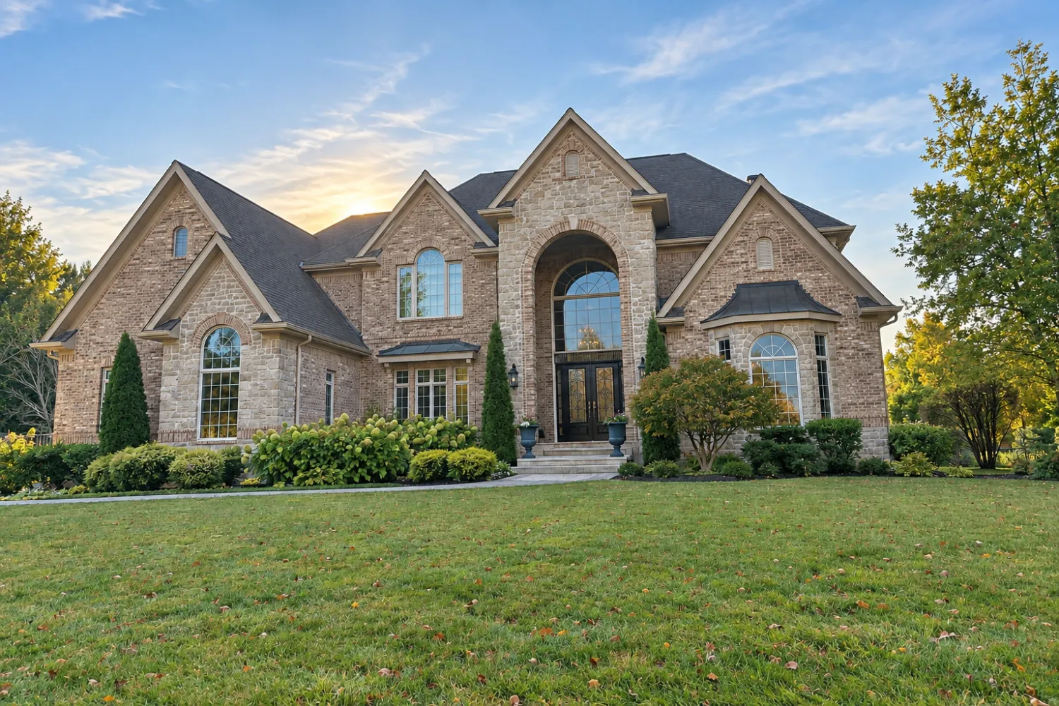 The same house after Enhance, with the brick and stone facade lit evenly, the windows and front door visible, and the same sky with the sun behind the roof